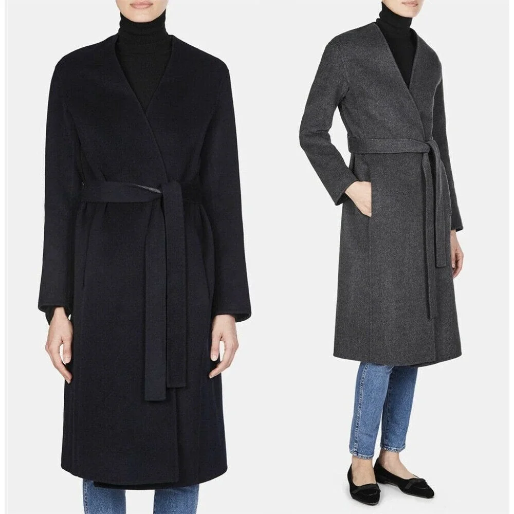 Vince Reversible Coat Women Med Grey Navy Wool Cashmere Belted Wrap Long Jacket